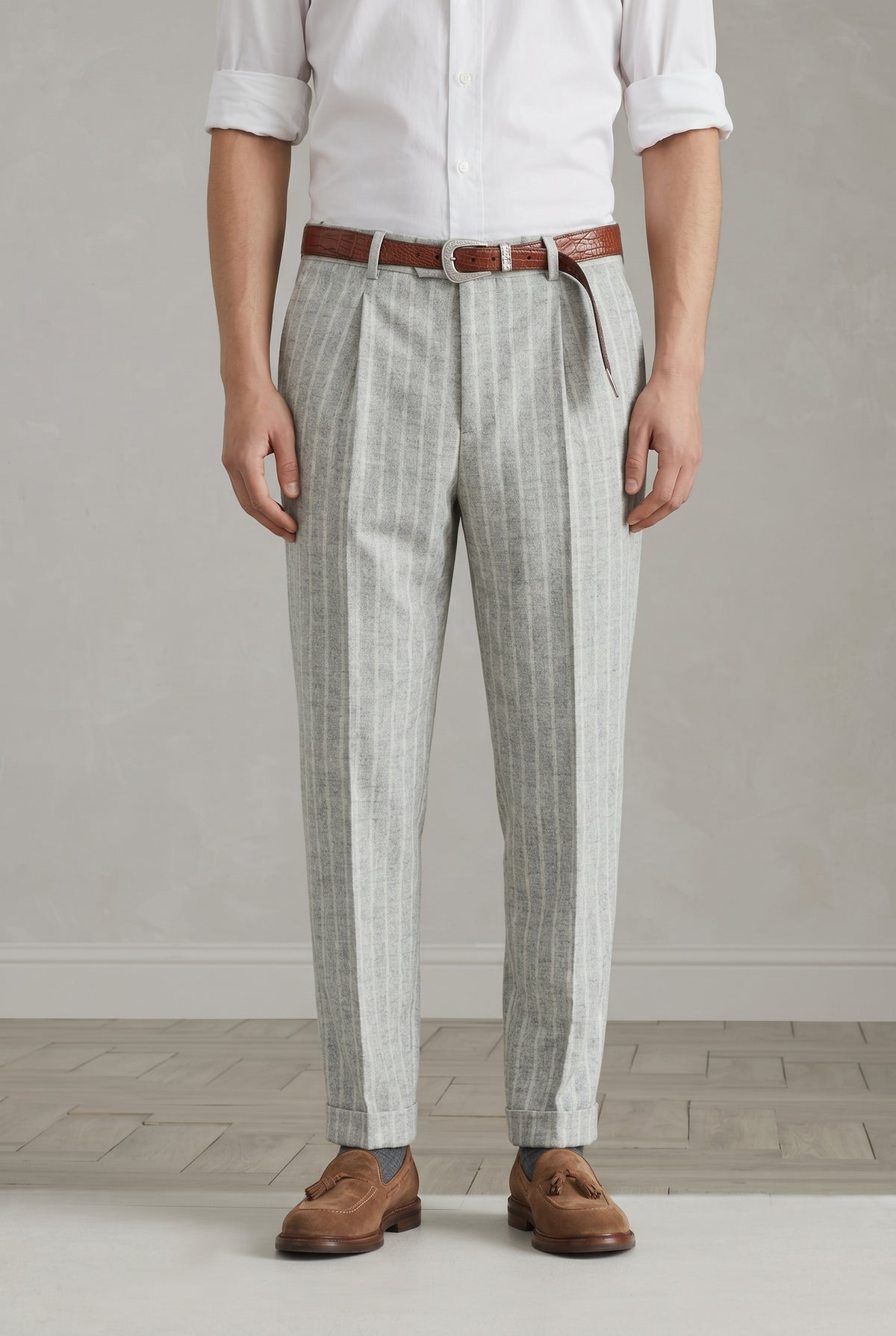 BRUNELLO CUCINELLI MEN'S LIGHT GREY WOOL BLEND TROUSERS