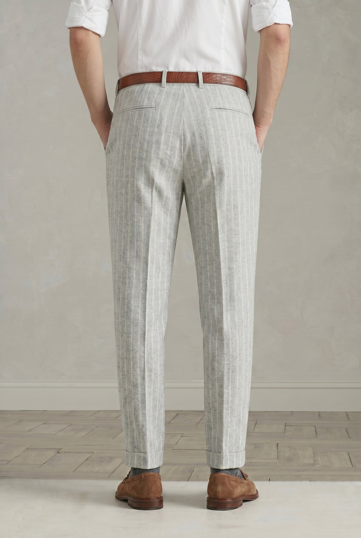 BRUNELLO CUCINELLI MEN'S LIGHT GREY WOOL BLEND TROUSERS