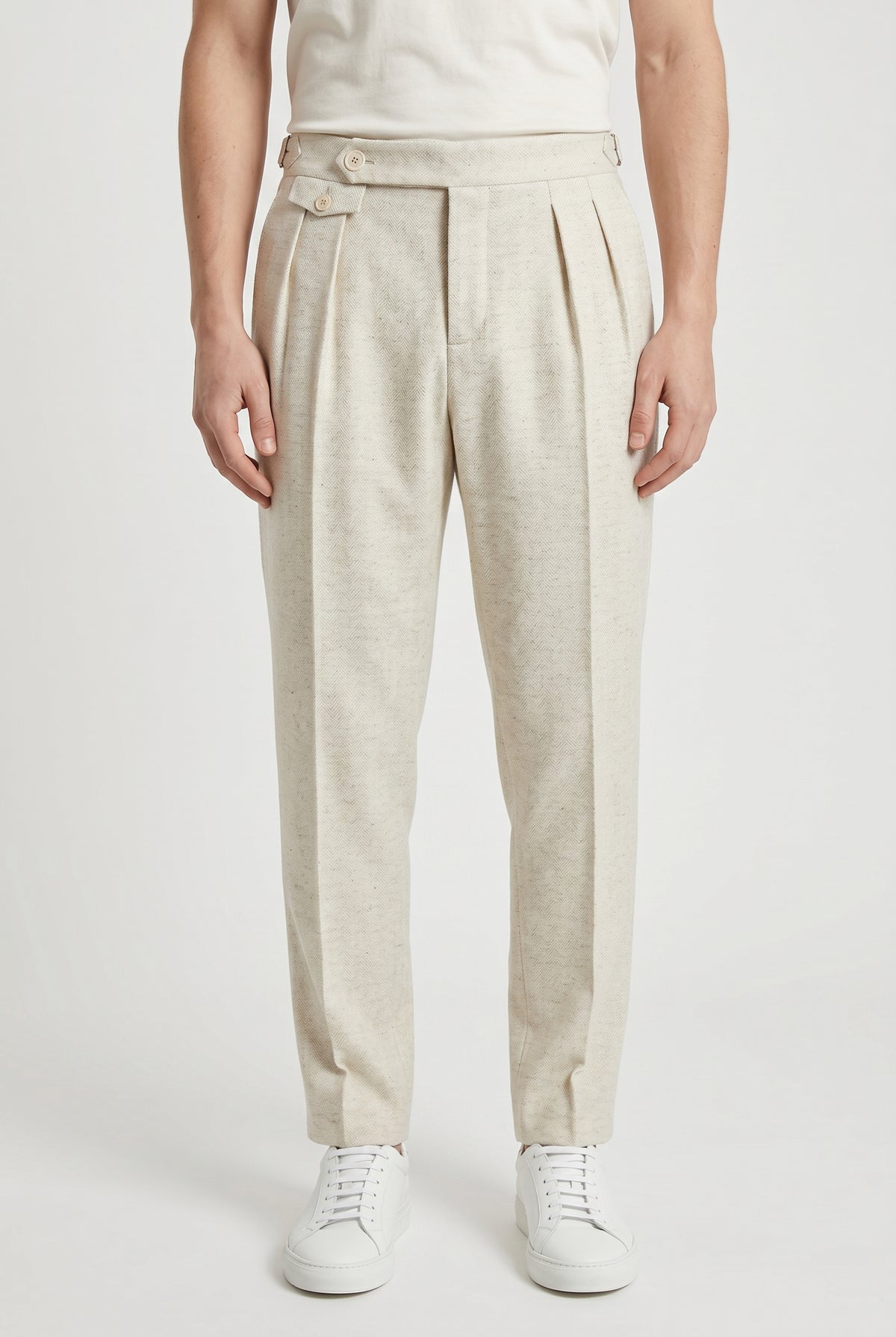 BRUNELLO CUCINELLI MEN'S OFF WHITE WOOL PLEATED TROUSERS