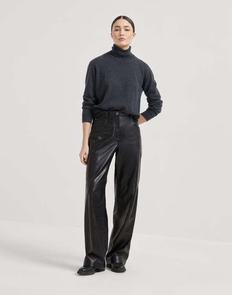 BRUNELLO CUCINELLI WOMEN'S BLACK LEATHER WIDE TROUSERS