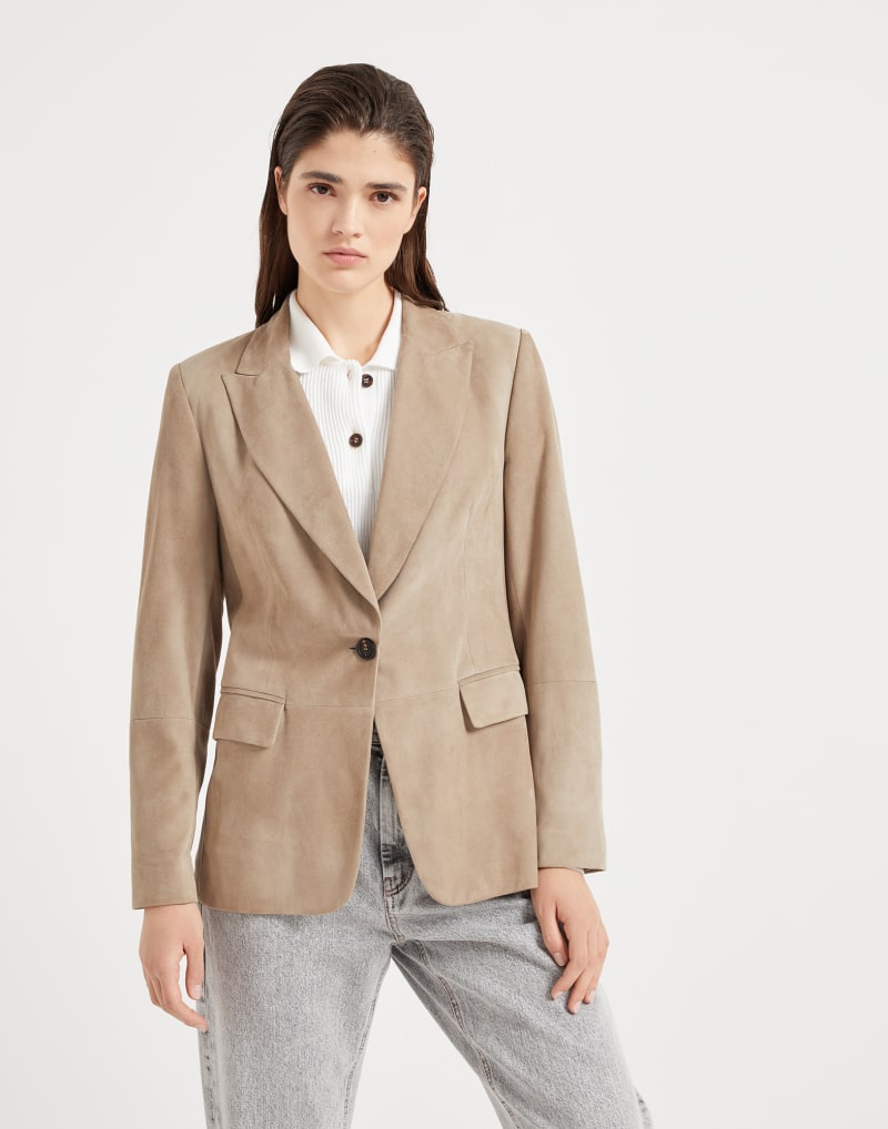BRUNELLO CUCINELLI WOMEN'S TAUPE LEATHER SINGLE BUTTON BLAZER JACKET