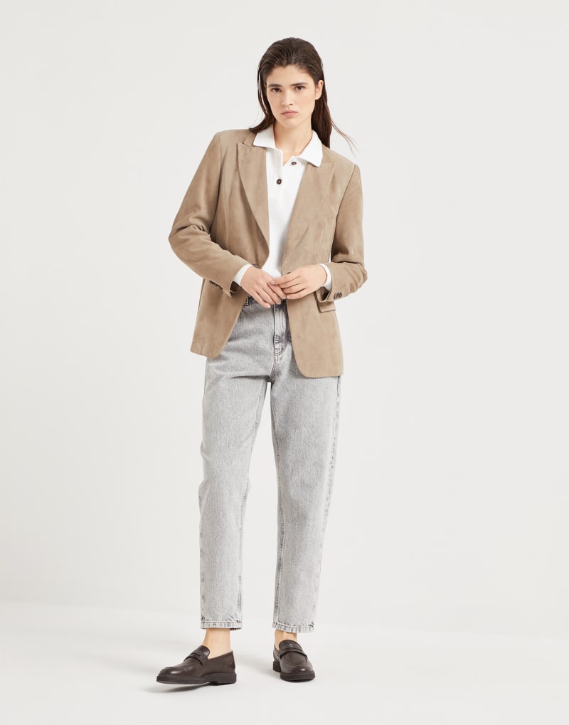 BRUNELLO CUCINELLI WOMEN'S TAUPE LEATHER SINGLE BUTTON BLAZER JACKET