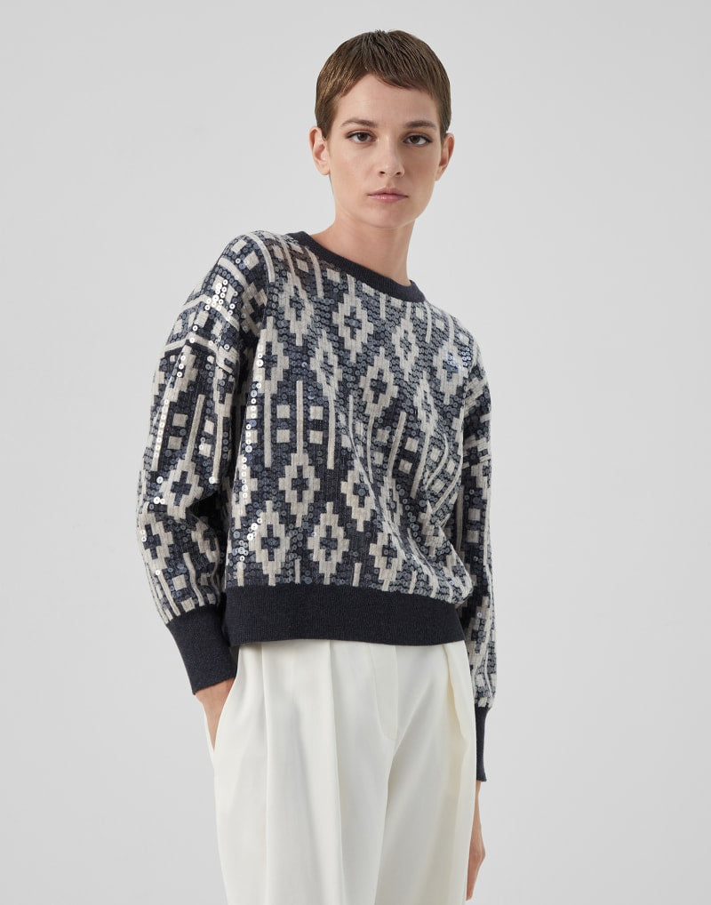 BRUNELLO CUCINELLI WOMEN'S BLACK STONE WOOL SILK JACQUARD SWEATER