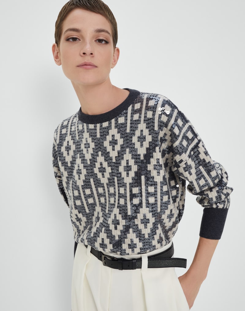 BRUNELLO CUCINELLI WOMEN'S BLACK STONE WOOL SILK JACQUARD SWEATER