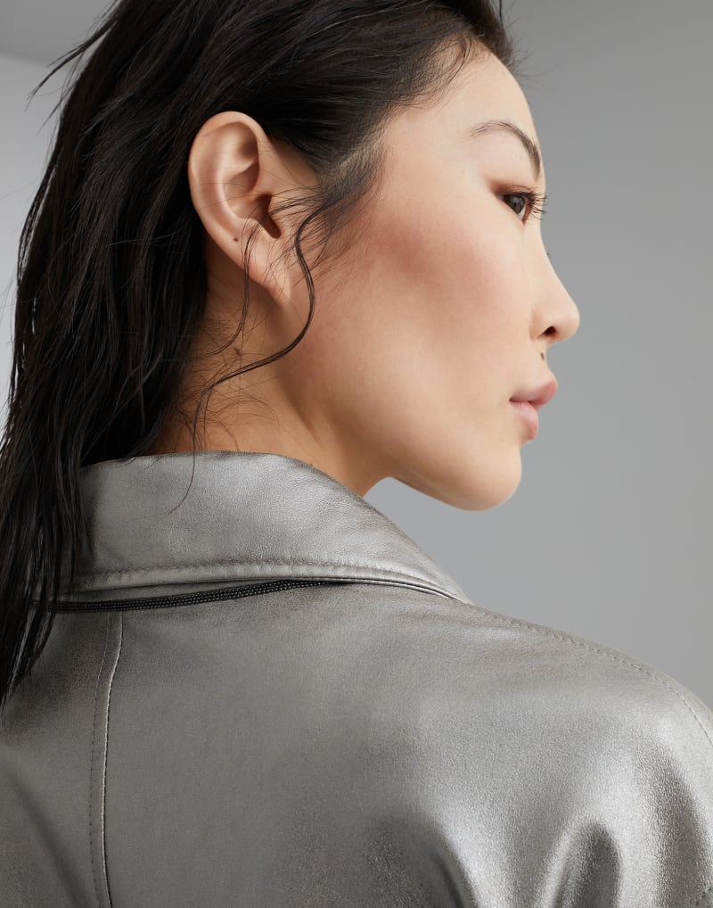 BRUNELLO CUCINELLI WOMEN'S SILVER BELTED LEATHER JACKET