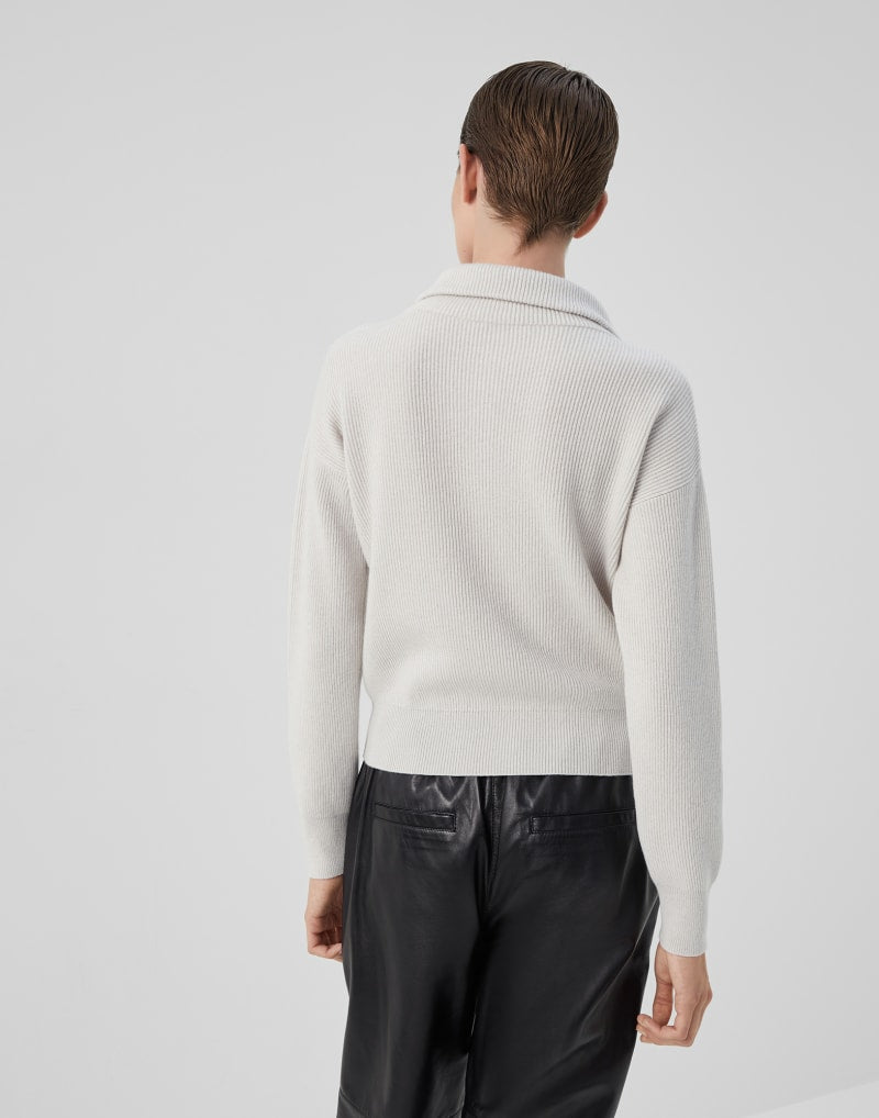BRUNELLO CUCINELLI WOMEN'S ICE WHITE WOOL HALF ZIP SWEATER