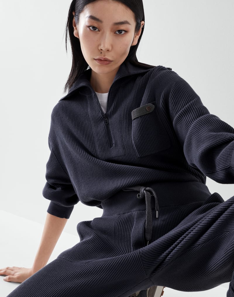 BRUNELLO CUCINELLI WOMEN'S NIGHT SKY HALF ZIP RIBBED COTTON SWEATER
