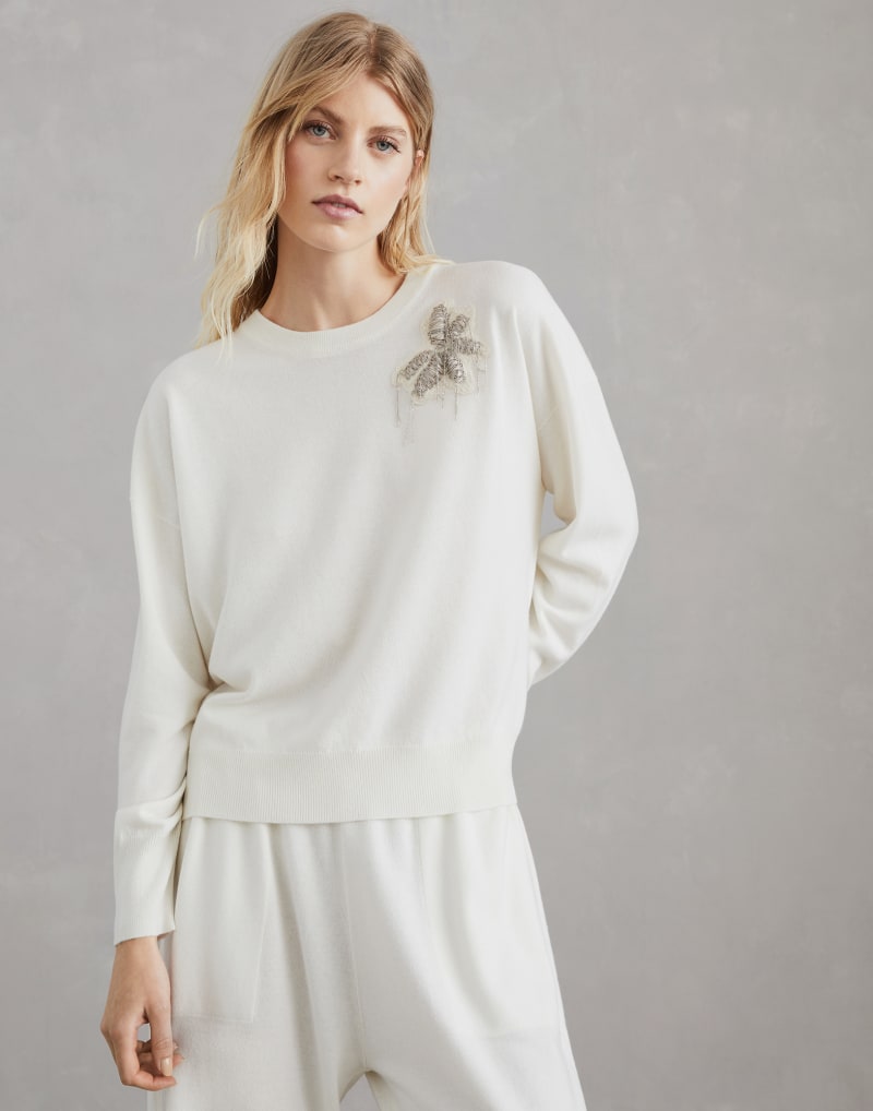 BRUNELLO CUCINELLI WOMEN'S WHITE WOOL EMBELLISHED CREWNECK SWEATER