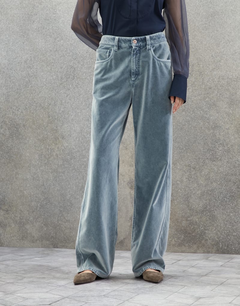 BRUNELLO CUCINELLI WOMEN'S VELVET DENIM WIDE LEG COTTON TROUSERS