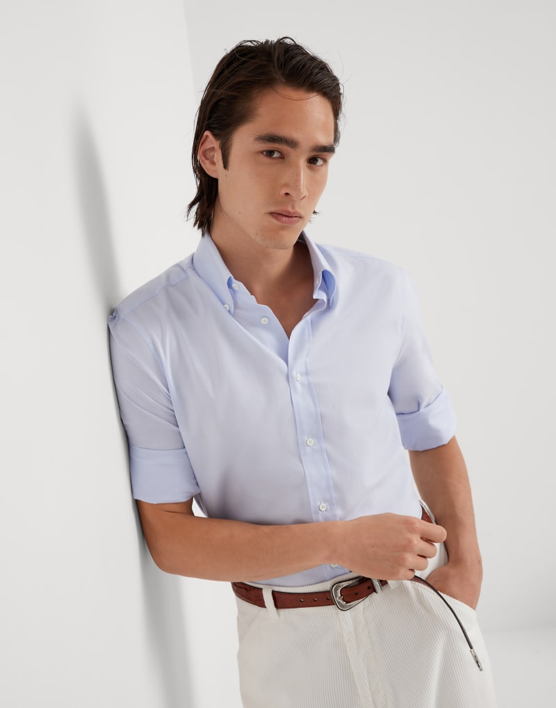 BRUNELLO CUCINELLI MEN'S SKY BLUE COTTON BUTTON DOWN SHIRT