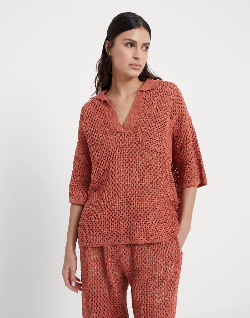 BRUNELLO CUCINELLI WOMEN'S RUST OPENWORK COTTON SWEATER