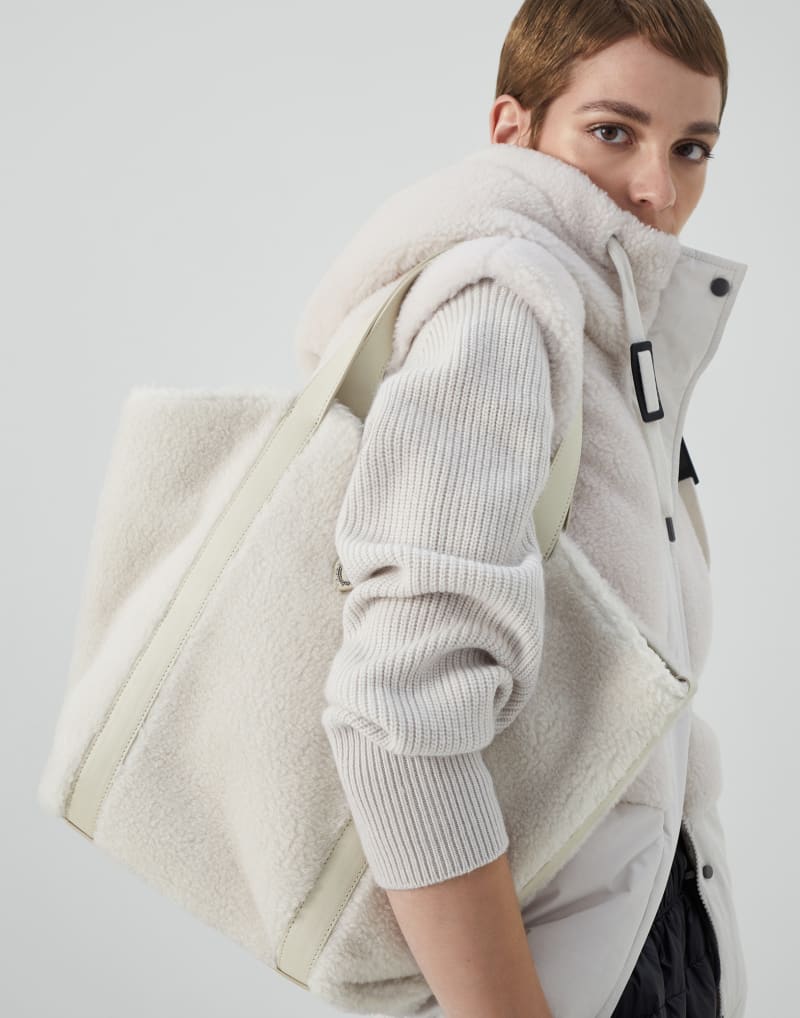 BRUNELLO CUCINELLI WOMEN'S COLD WHITE SHEARLING TOTE BAG