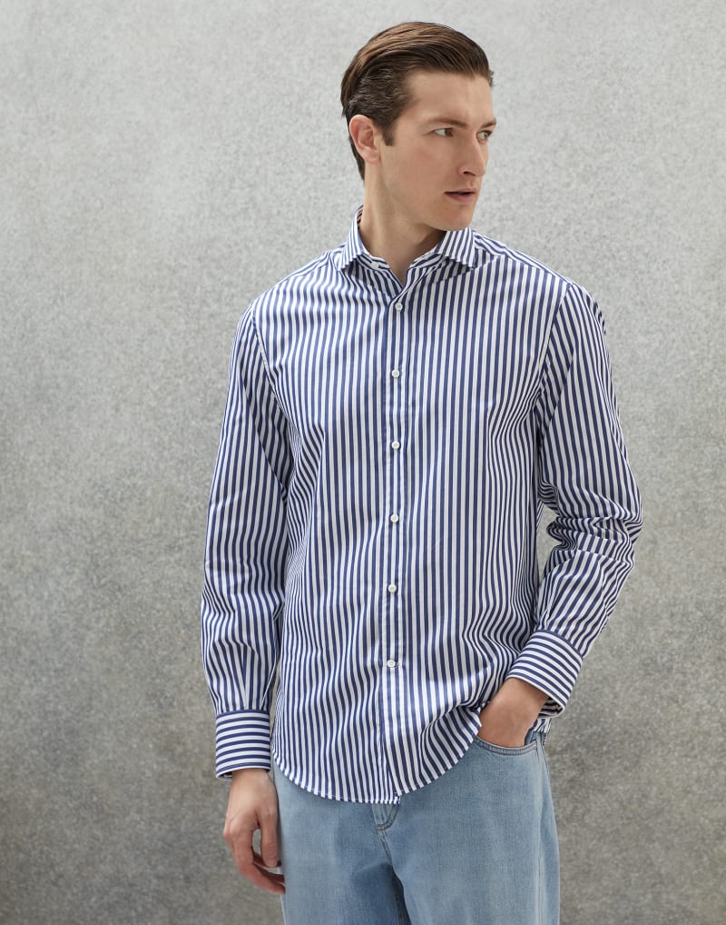 BRUNELLO CUCINELLI MEN'S WHITE AND BLUE STRIPED COTTON SHIRT