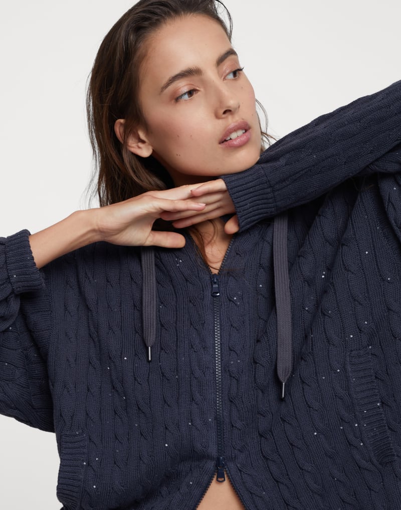 BRUNELLO CUCINELLI WOMEN'S DARK BLUE CABLE KNIT SWEATER