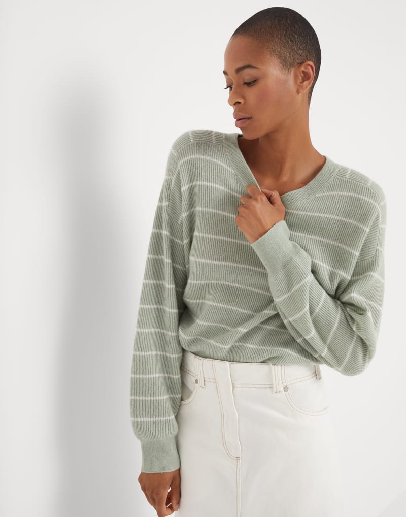 BRUNELLO CUCINELLI WOMEN'S LIGHT GREEN STRIPED SWEATER