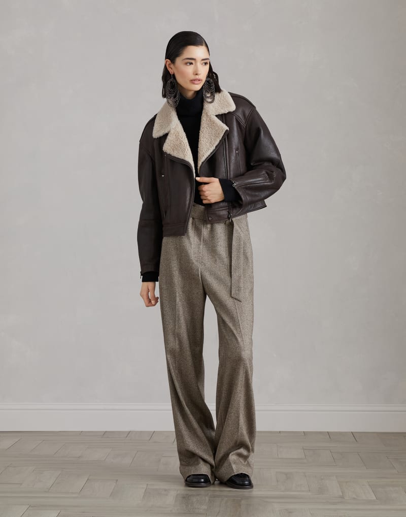 BRUNELLO CUCINELLI WOMEN'S BROWN WOOL BLEND WIDE LEG TROUSERS