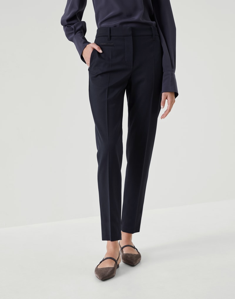 BRUNELLO CUCINELLI WOMEN'S BLUE WOOL BLEND SLIM TROUSERS