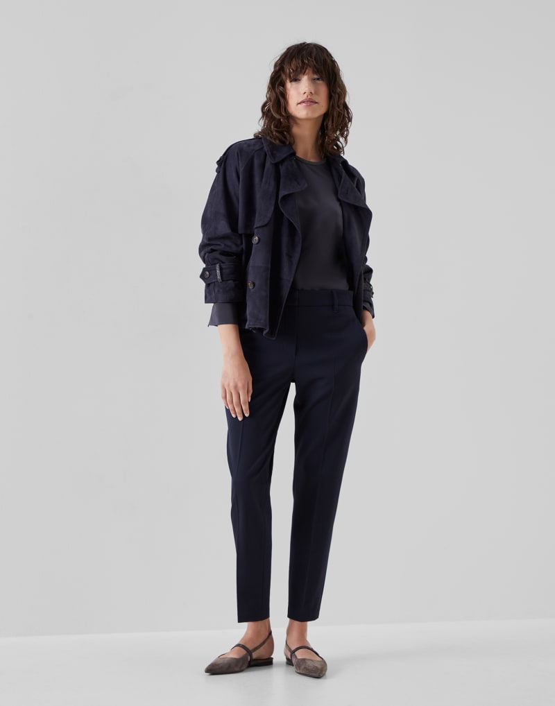 BRUNELLO CUCINELLI WOMEN'S BLUE WOOL BLEND SLIM TROUSERS