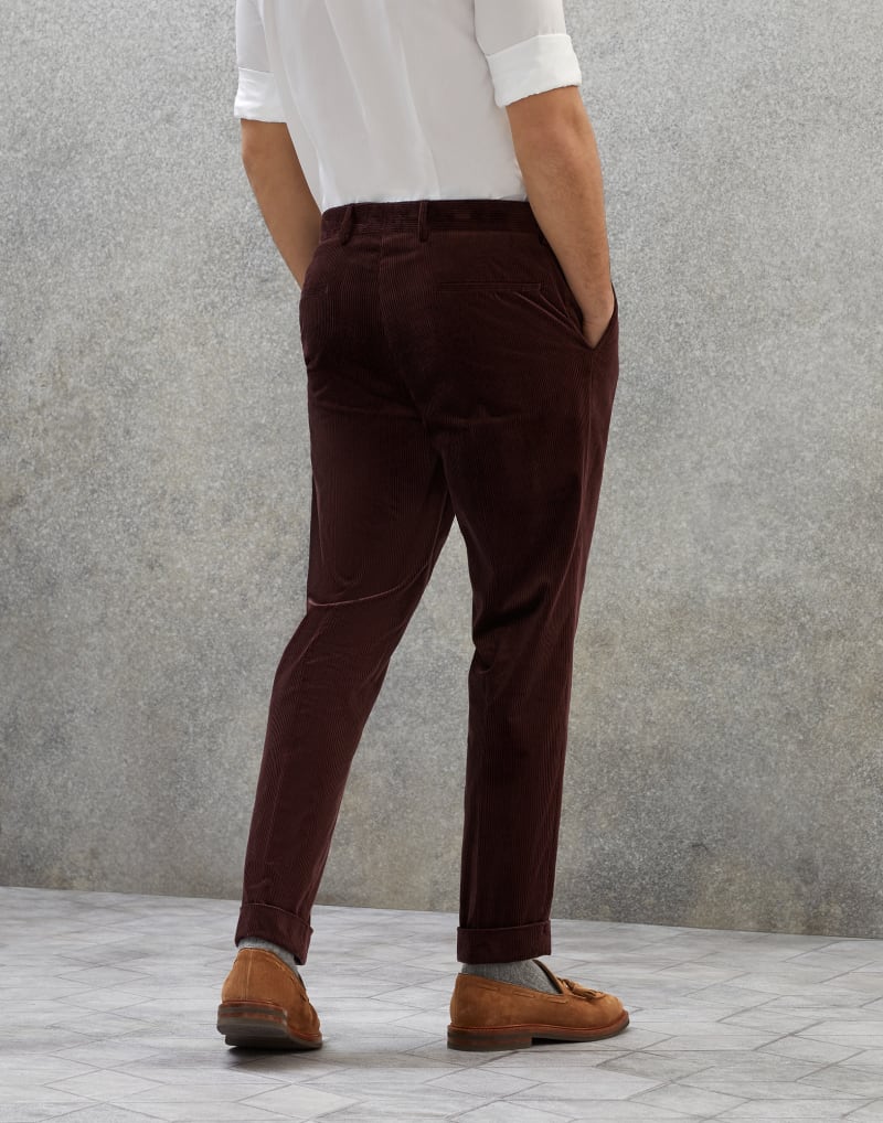 BRUNELLO CUCINELLI MEN'S PLUM COTTON CORDUROY TROUSERS