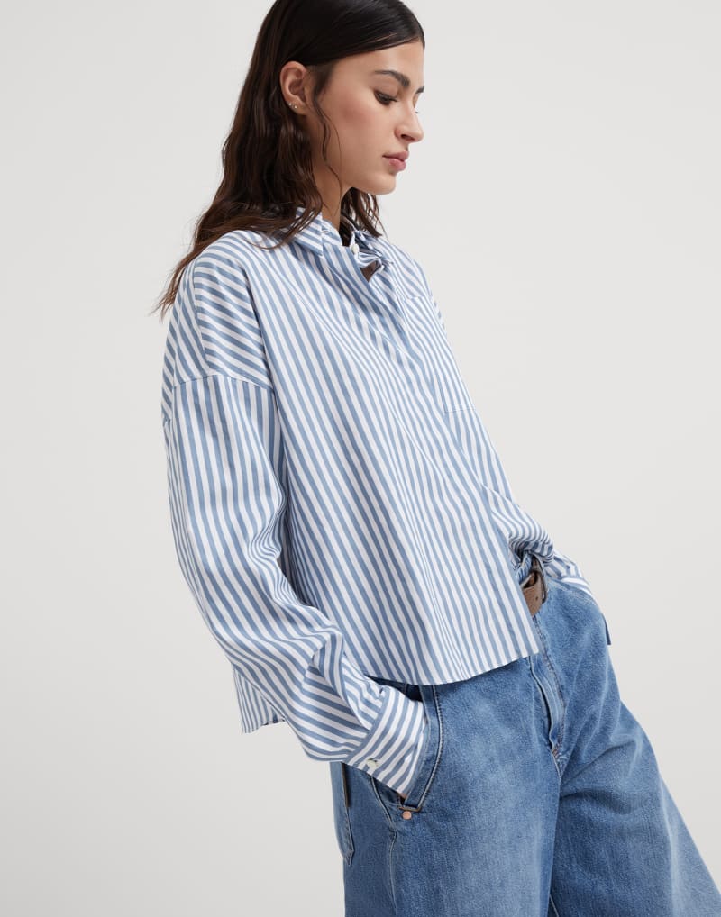 BRUNELLO CUCINELLI WOMEN'S BLUE STRIPED COTTON SILK SHIRT