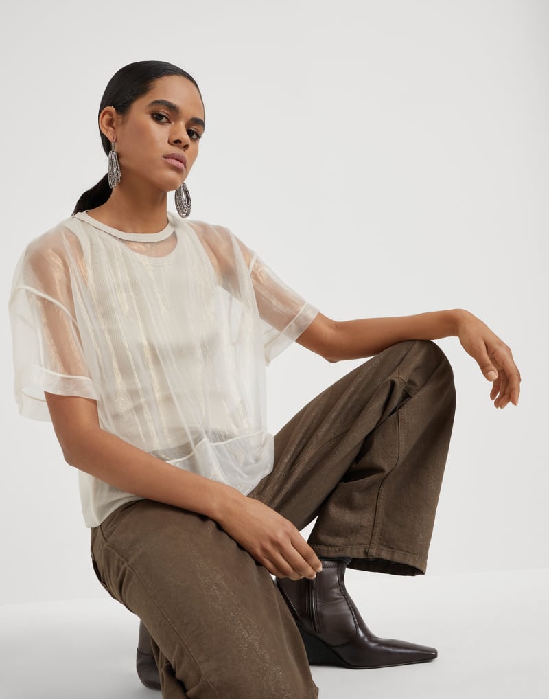 BRUNELLO CUCINELLI WOMEN'S BEIGE SHEER OVERLAY SHORT SLEEVE SHIRT