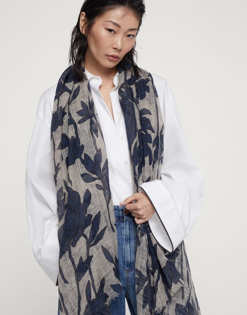 BRUNELLO CUCINELLI WOMEN'S BLUE FLORAL LINEN SCARF