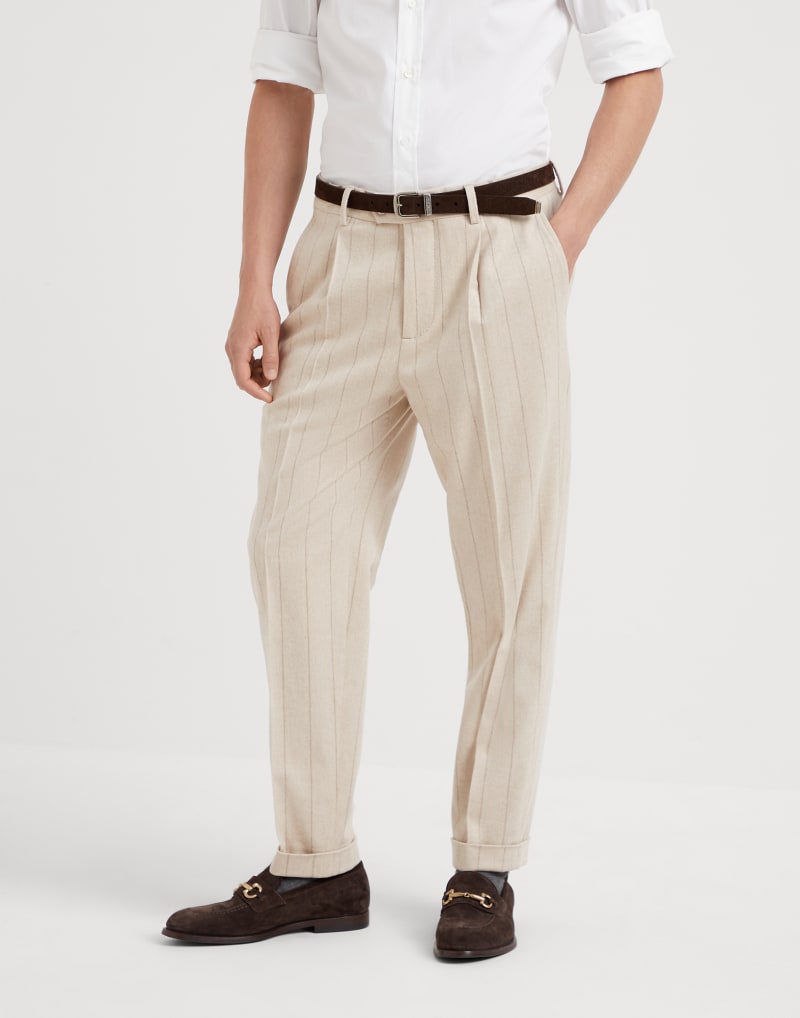 BRUNELLO CUCINELLI MEN'S SAND WOOL PINSTRIPE TROUSERS