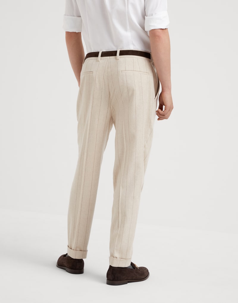 BRUNELLO CUCINELLI MEN'S SAND WOOL PINSTRIPE TROUSERS