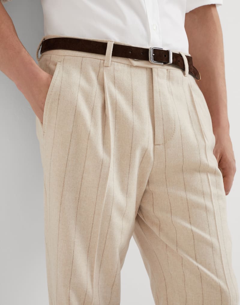 BRUNELLO CUCINELLI MEN'S SAND WOOL PINSTRIPE TROUSERS