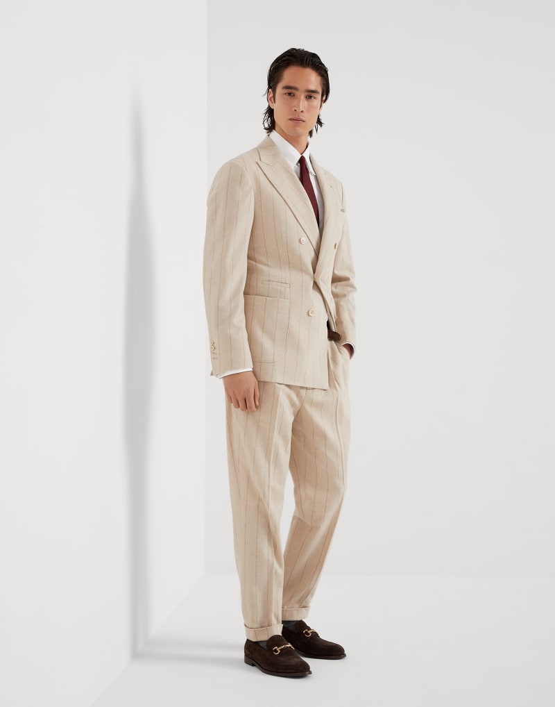 BRUNELLO CUCINELLI MEN'S SAND WOOL PINSTRIPE TROUSERS