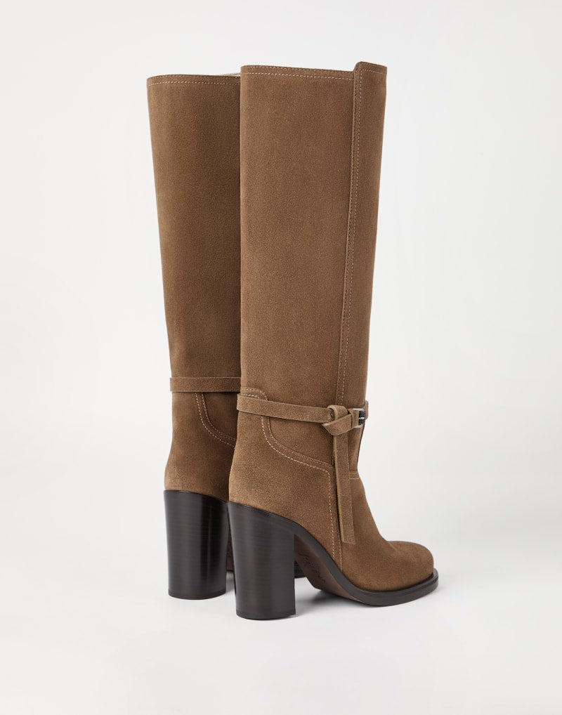 BRUNELLO CUCINELLI WOMEN'S CAMEL SUEDE KNEE HIGH BOOTS