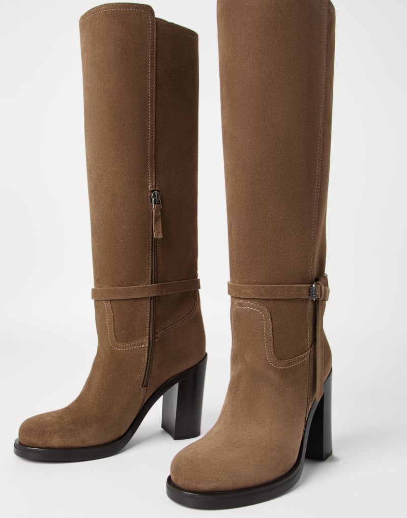 BRUNELLO CUCINELLI WOMEN'S CAMEL SUEDE KNEE HIGH BOOTS