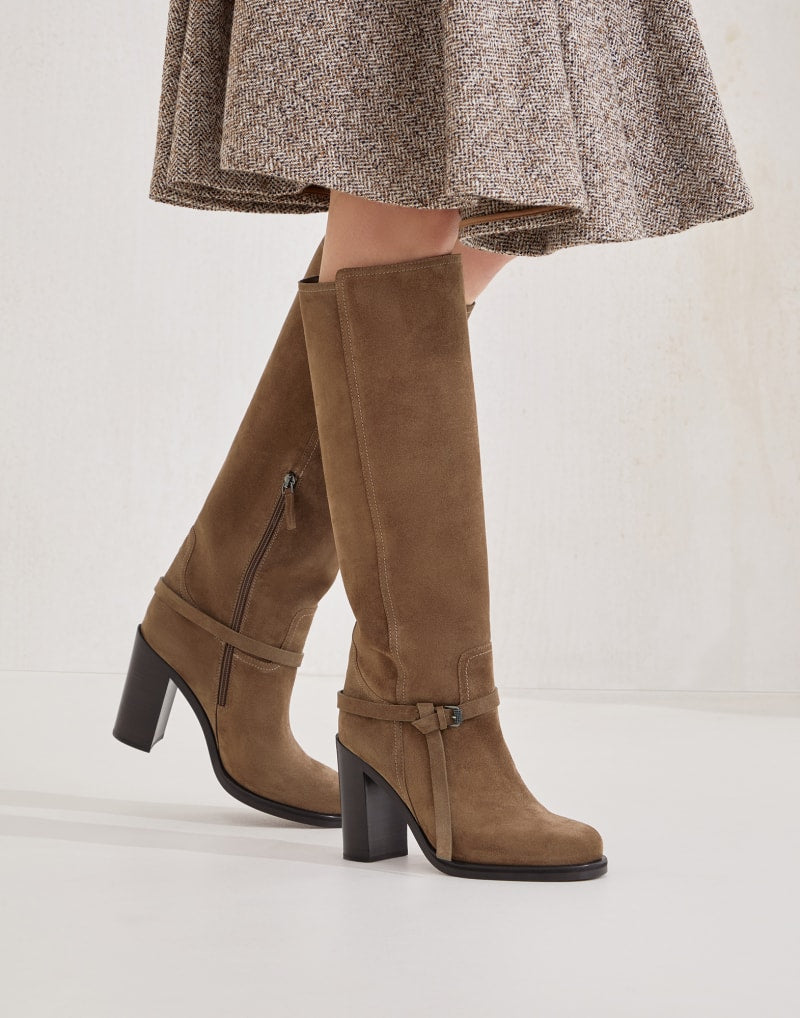 BRUNELLO CUCINELLI WOMEN'S CAMEL SUEDE KNEE HIGH BOOTS