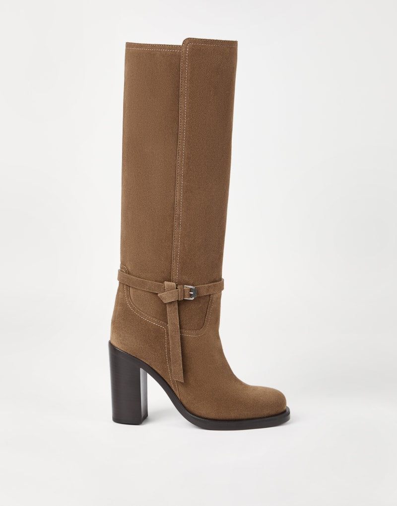 BRUNELLO CUCINELLI WOMEN'S CAMEL SUEDE KNEE HIGH BOOTS