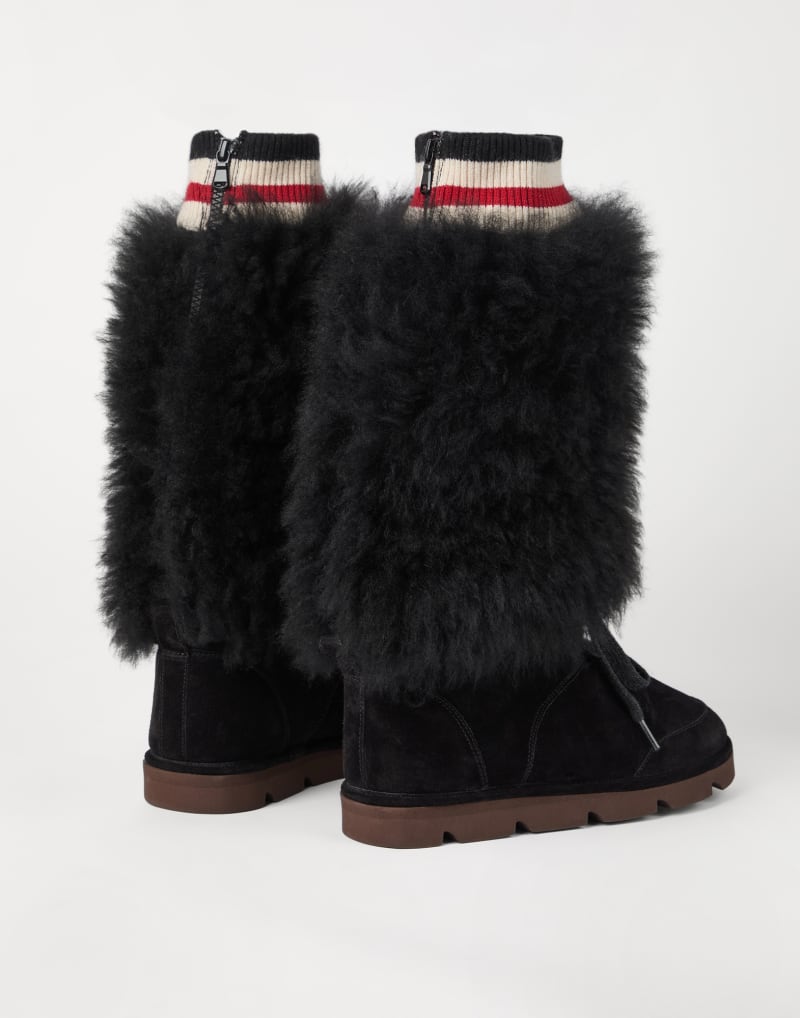 BRUNELLO CUCINELLI WOMEN'S BLACK SHEARLING CUFF SUEDE LACE UP BOOTS