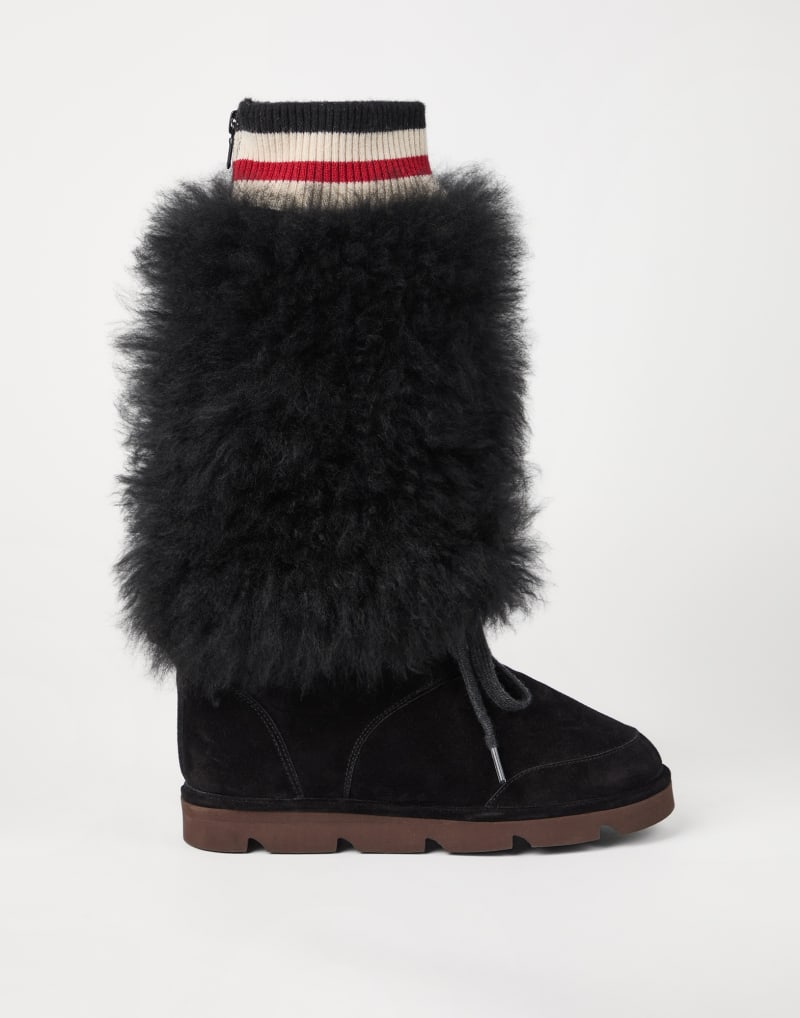 BRUNELLO CUCINELLI WOMEN'S BLACK SHEARLING CUFF SUEDE LACE UP BOOTS