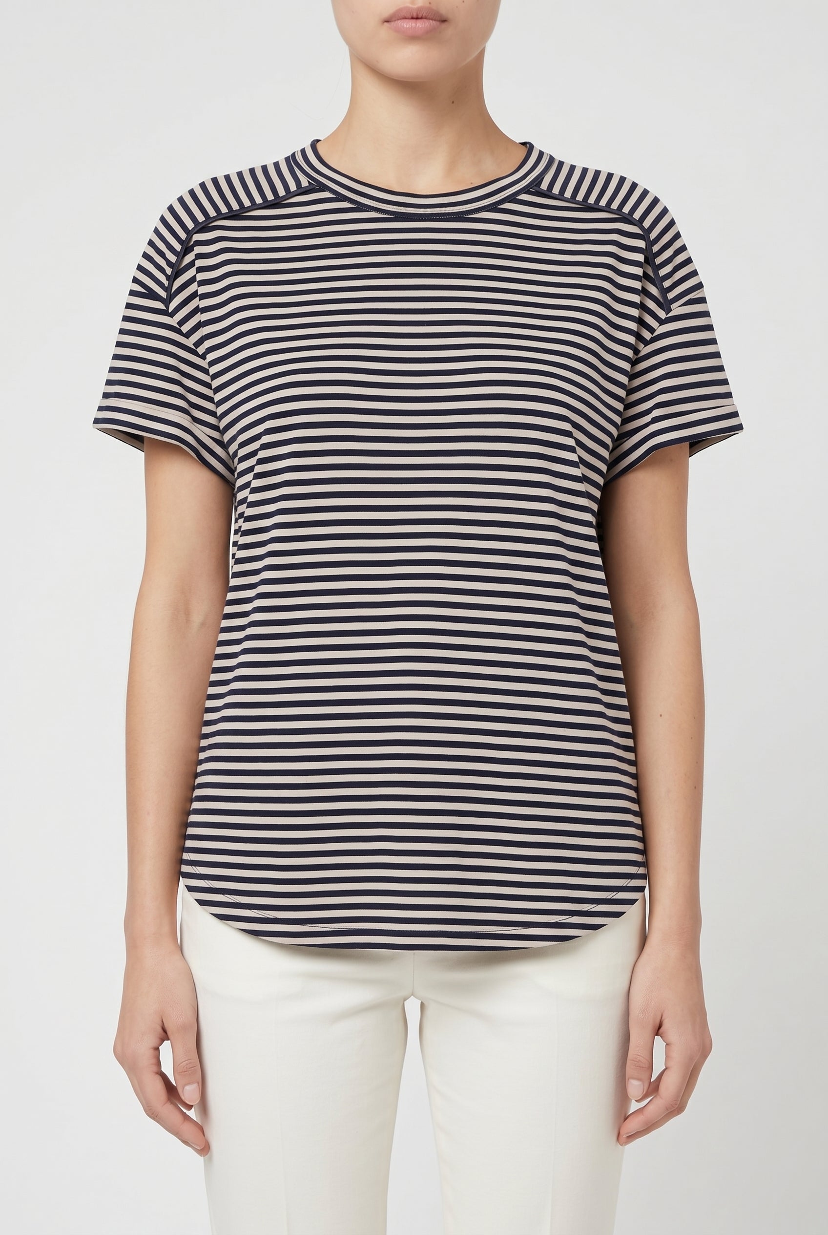 BRUNELLO CUCINELLI WOMEN'S BEIGE NAVY STRIPED SHIRT