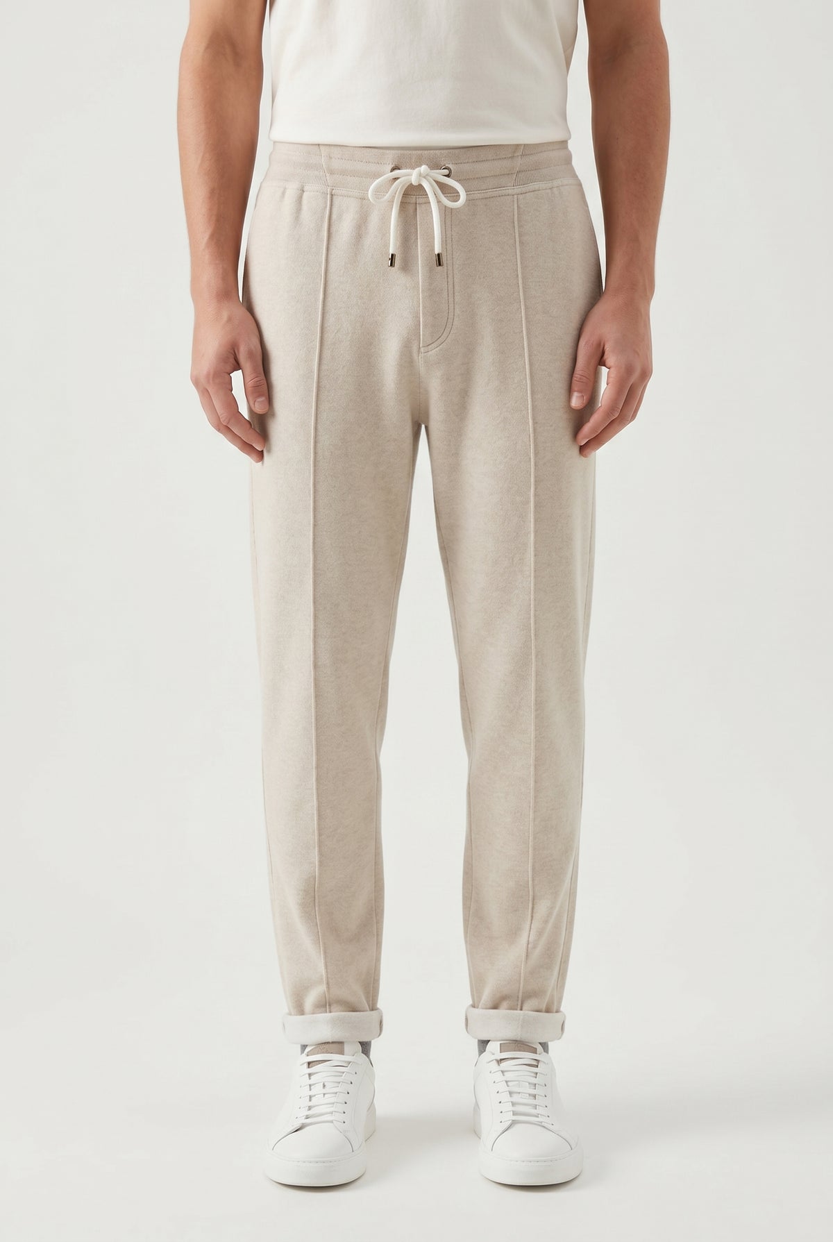 BRUNELLO CUCINELLI MEN'S LIGHT BEIGE WOOL TROUSERS