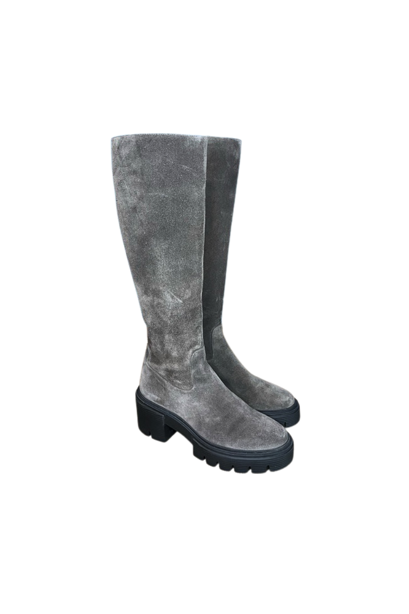 Stuart Weitzman SOHO Knee High Lug Sole Boots Sport Suede Charcoal