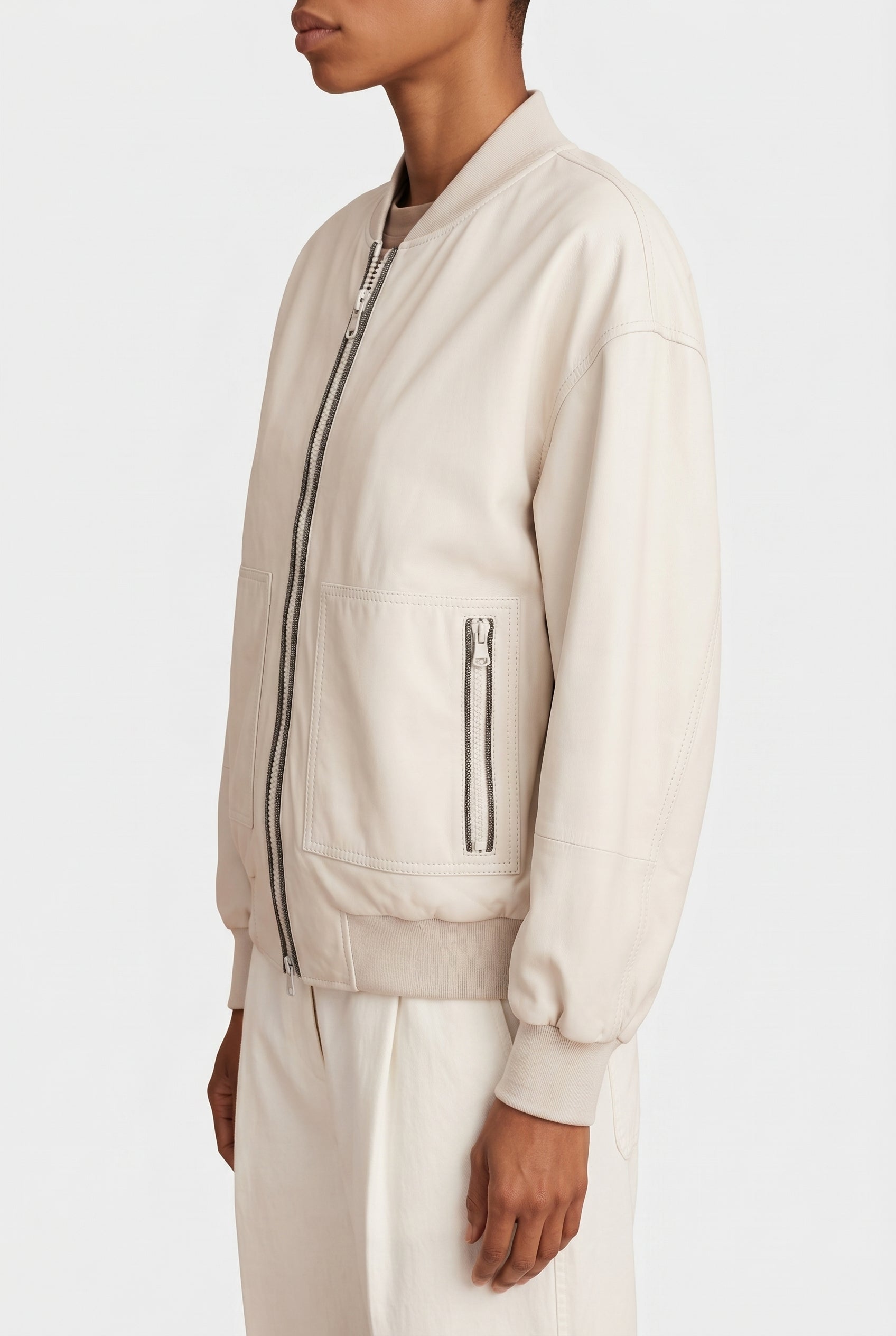 BRUNELLO CUCINELLI WOMEN'S OFF WHITE LEATHER BOMBER JACKET