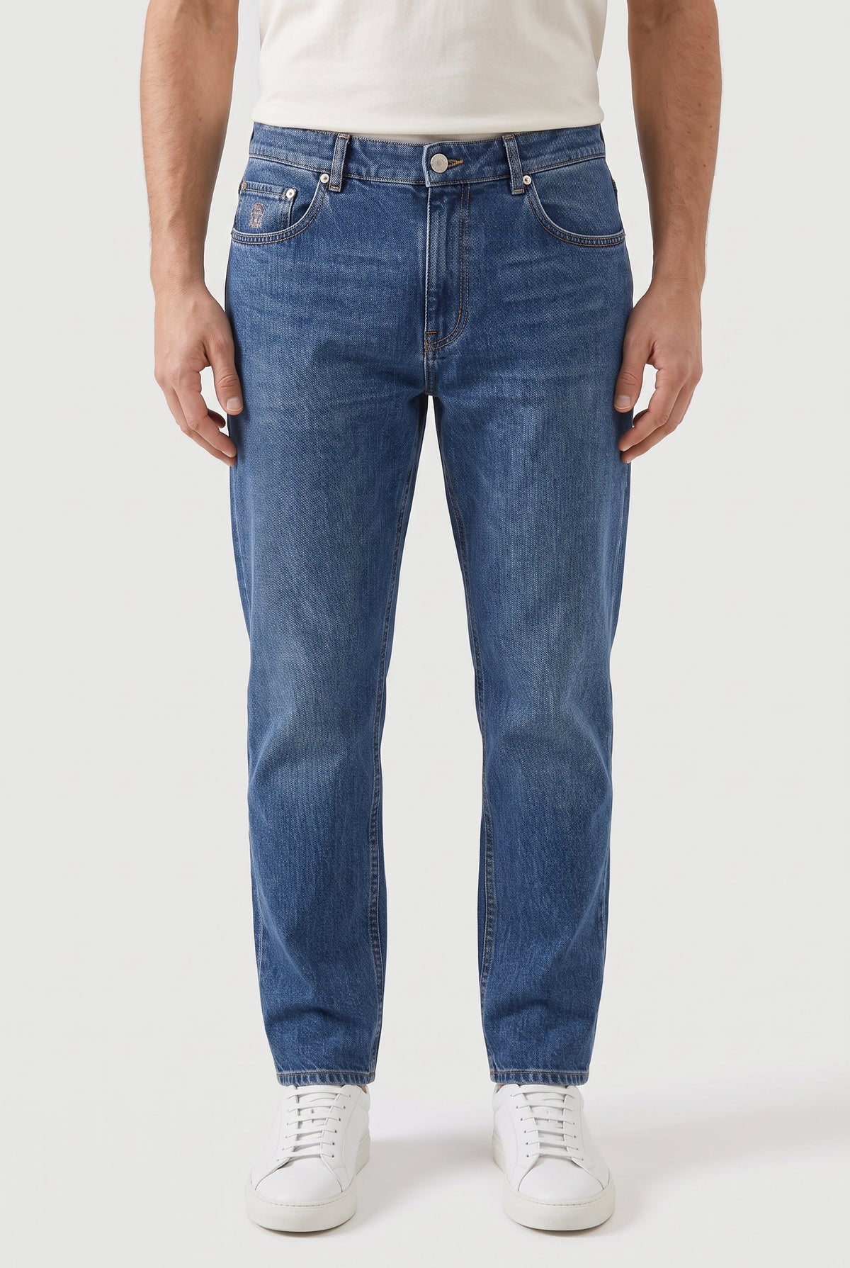 BRUNELLO CUCINELLI MEN'S MEDIUM BLUE TRADITIONAL TROUSERS