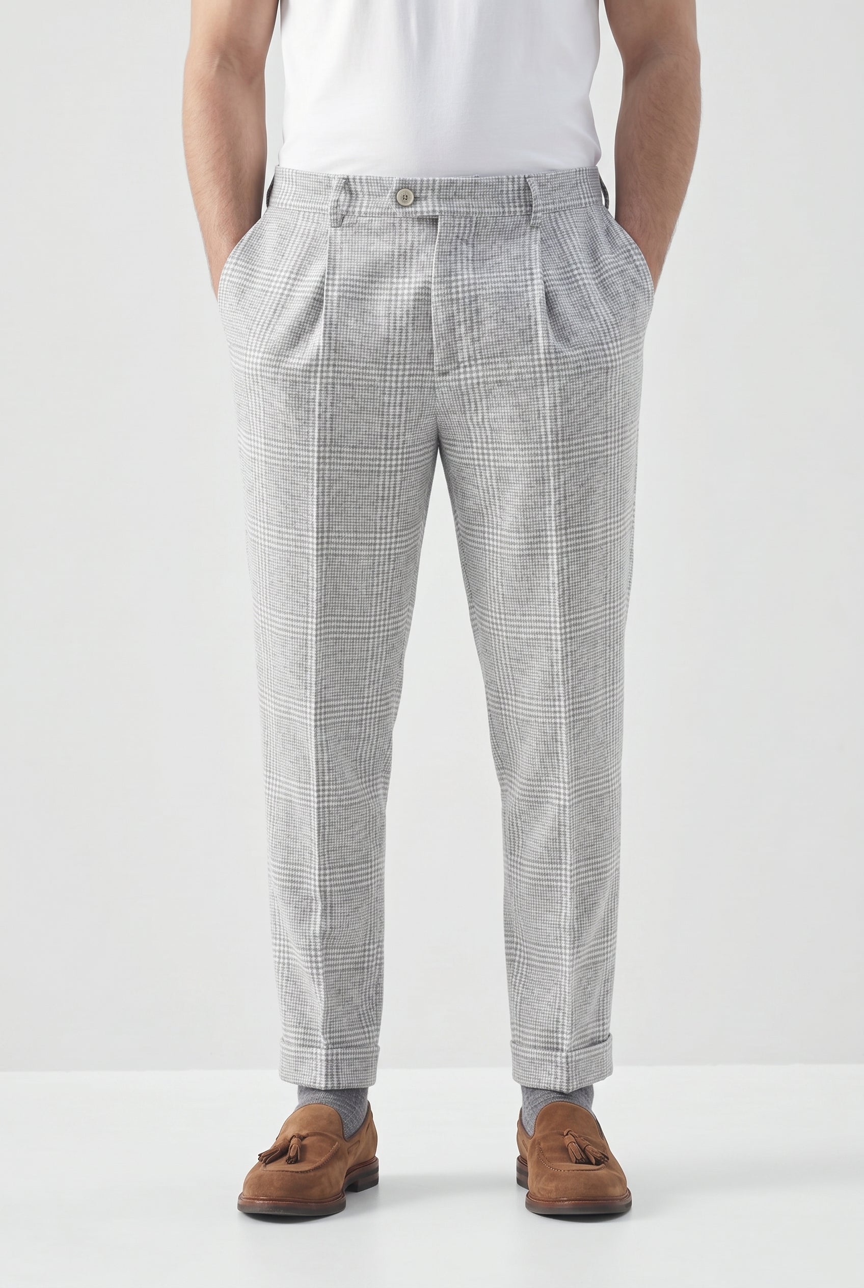 BRUNELLO CUCINELLI MEN'S LIGHT GREY WOOL TROUSERS
