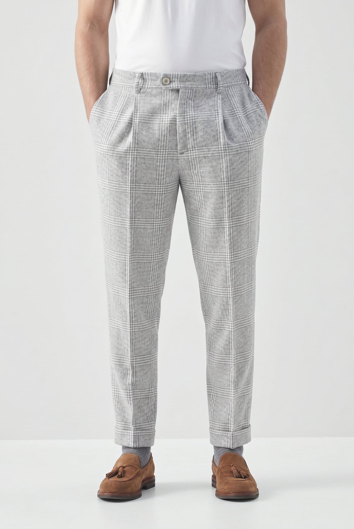 BRUNELLO CUCINELLI MEN'S LIGHT GREY WOOL TROUSERS