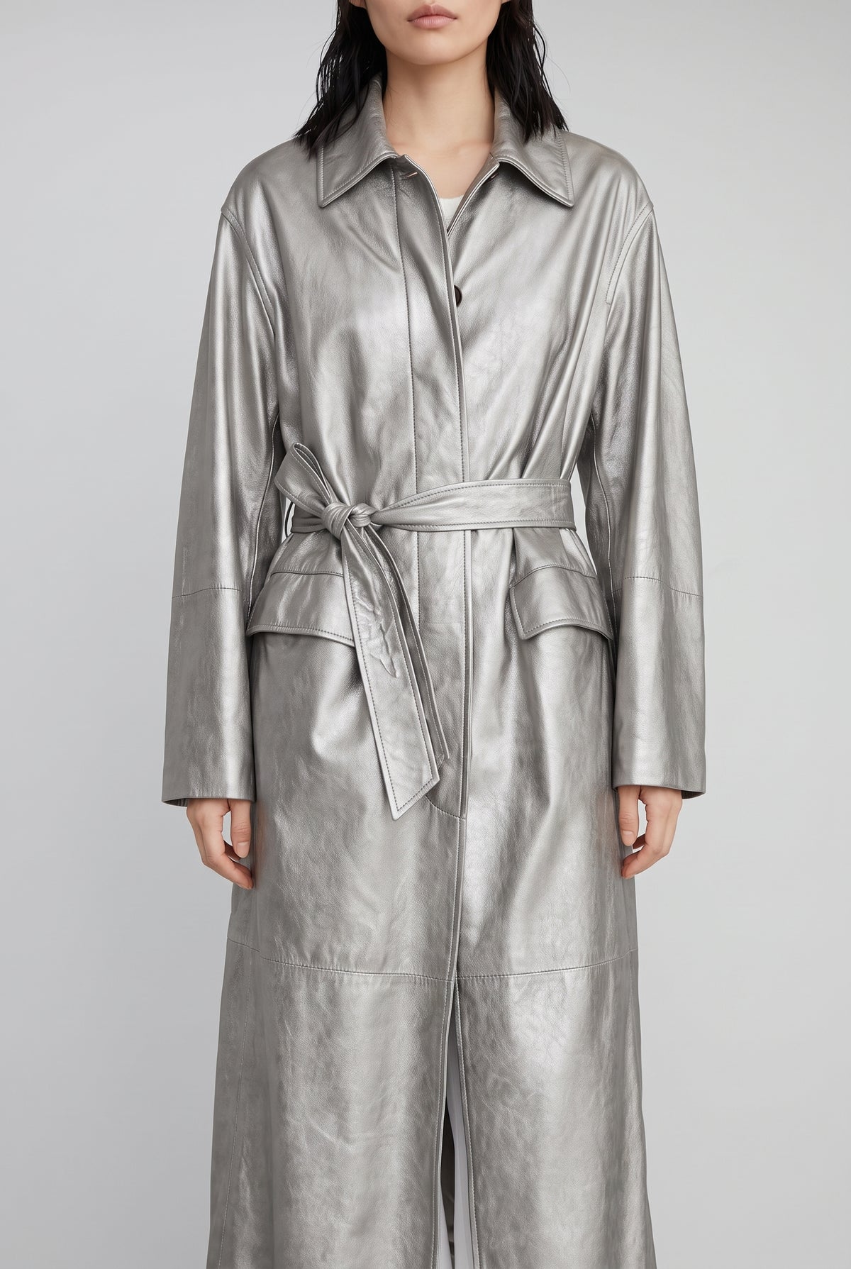 BRUNELLO CUCINELLI WOMEN'S SILVER BELTED LEATHER JACKET