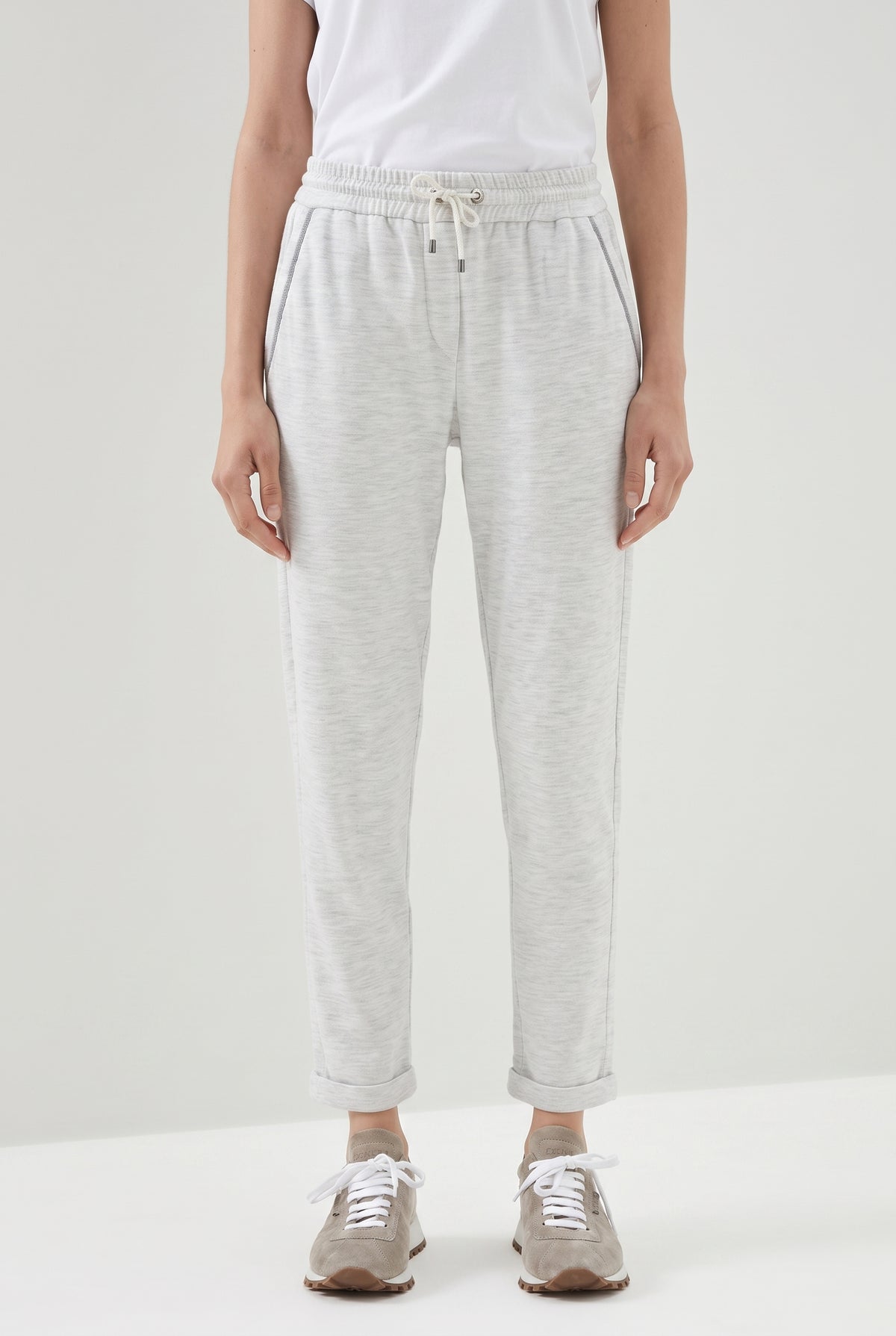 BRUNELLO CUCINELLI WOMEN'S LIGHT GREY COTTON BLEND TROUSERS