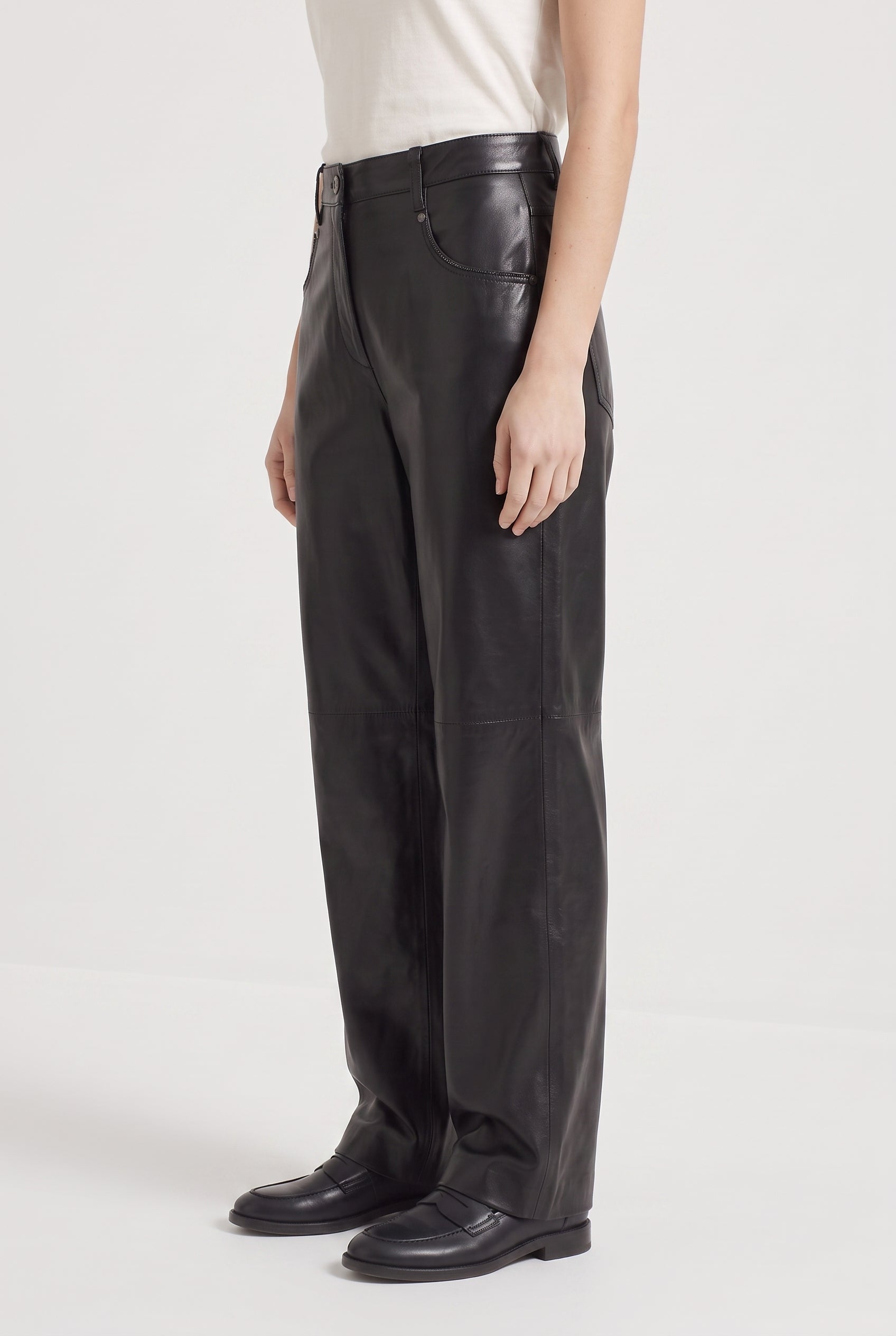 BRUNELLO CUCINELLI WOMEN'S BLACK LEATHER WIDE TROUSERS