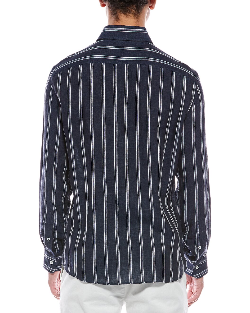 BRUNELLO CUCINELLI MEN'S NAVY STRIPED LINEN SHIRT