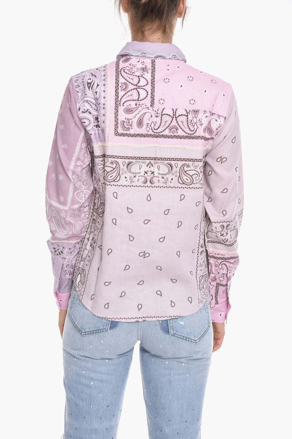 AMIRI WOMEN'S LAVENDER COTTON PATCHWORK SHIRT