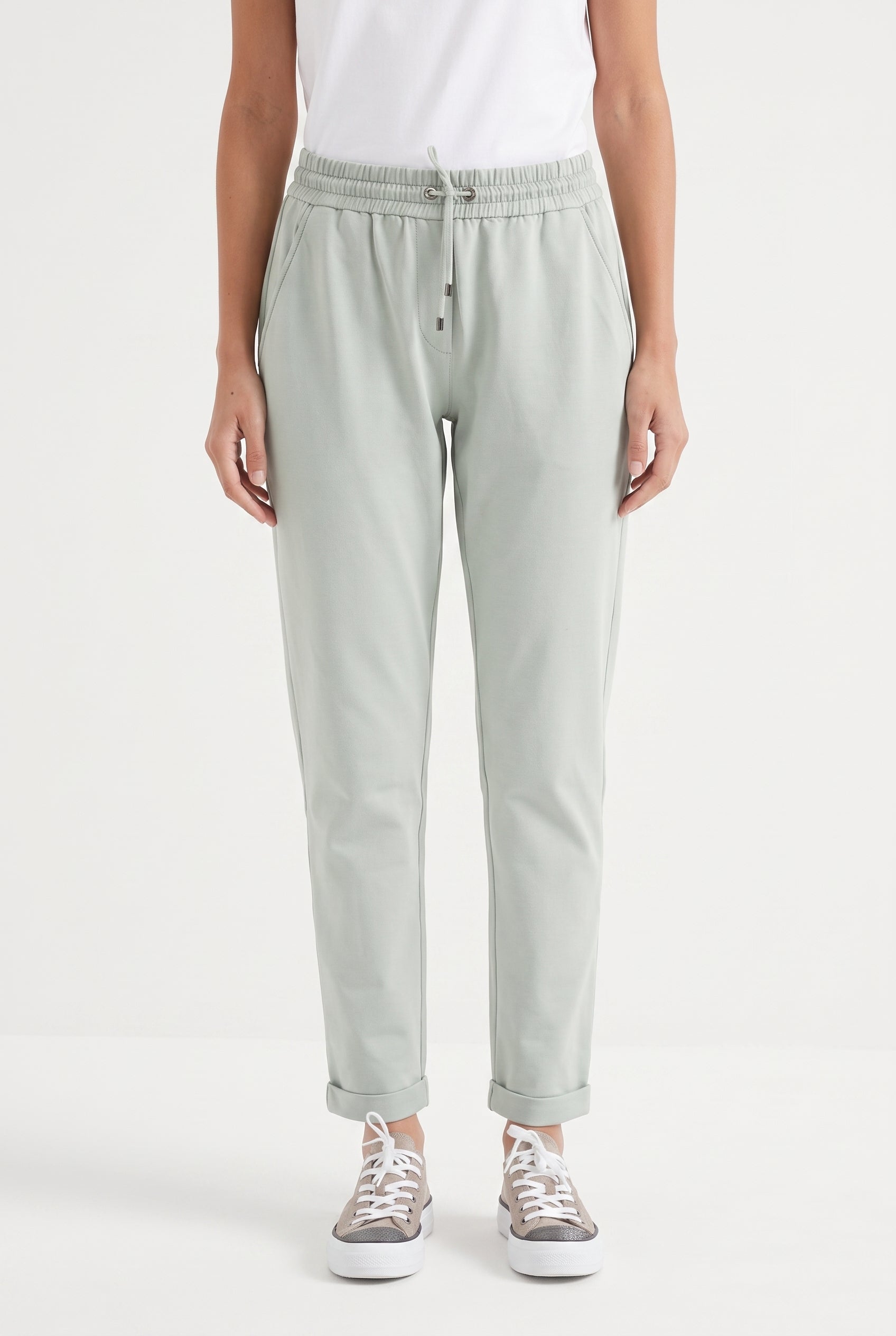 BRUNELLO CUCINELLI WOMEN'S LIGHT GREEN COTTON TROUSERS