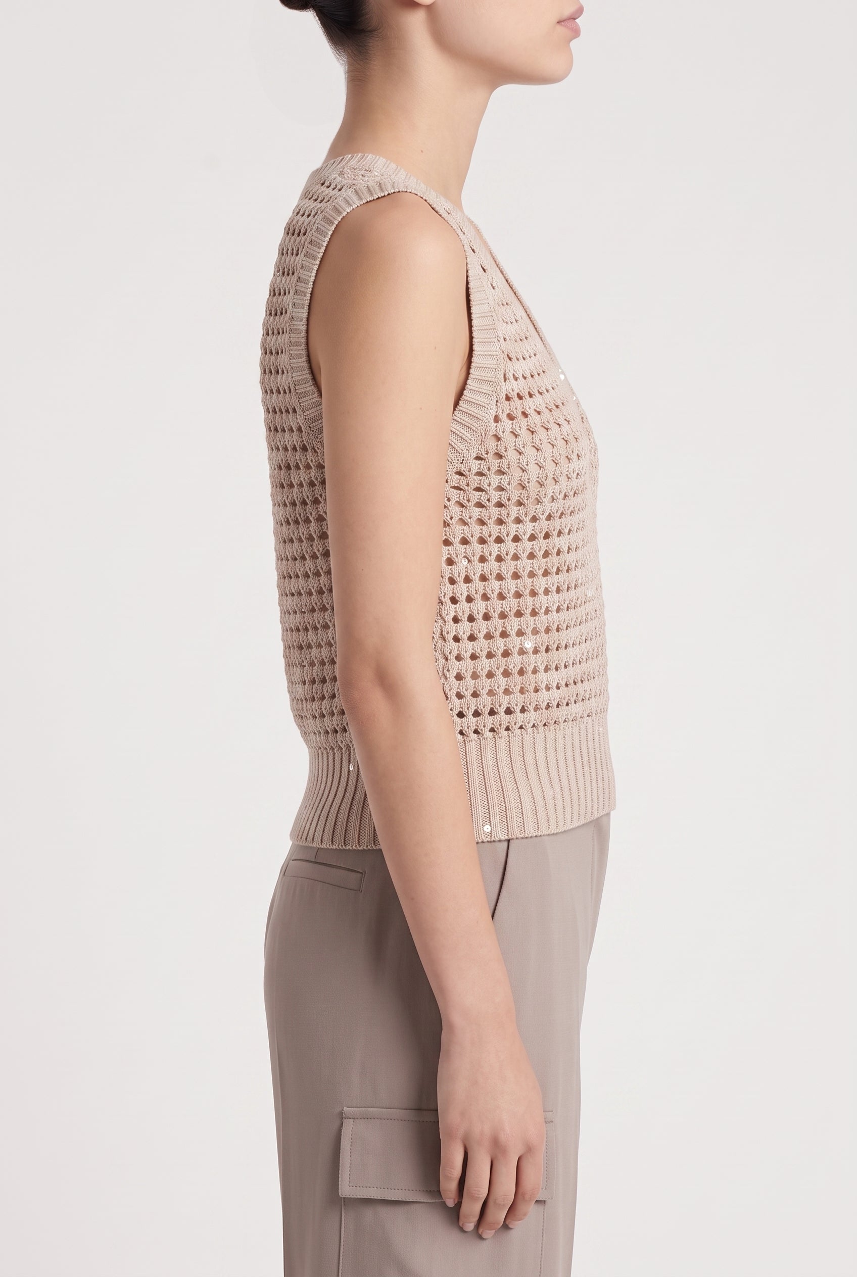 BRUNELLO CUCINELLI WOMEN'S BEIGE OPENWORK KNIT SWEATER
